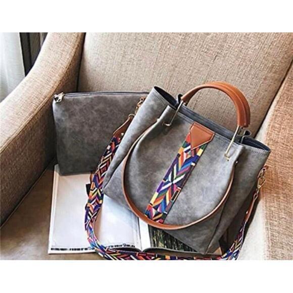 Women's Shoulder Bag 2 Pc Convertible Crossbody Wide Strap Gray Tote Boho NEW - Picture 2 of 4
